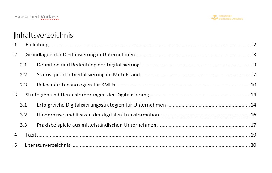 Inhaltsverzeichnis Hausarbeit BWL